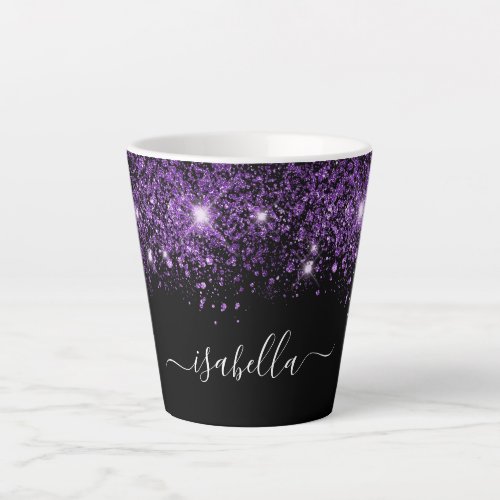 Black purple glitter name script glamorous latte mug