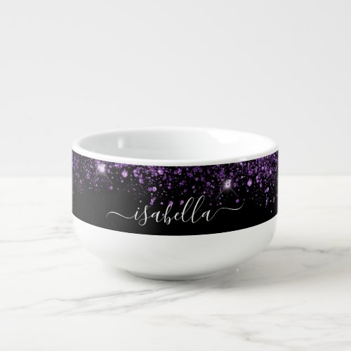 Black purple glitter name script soup mug