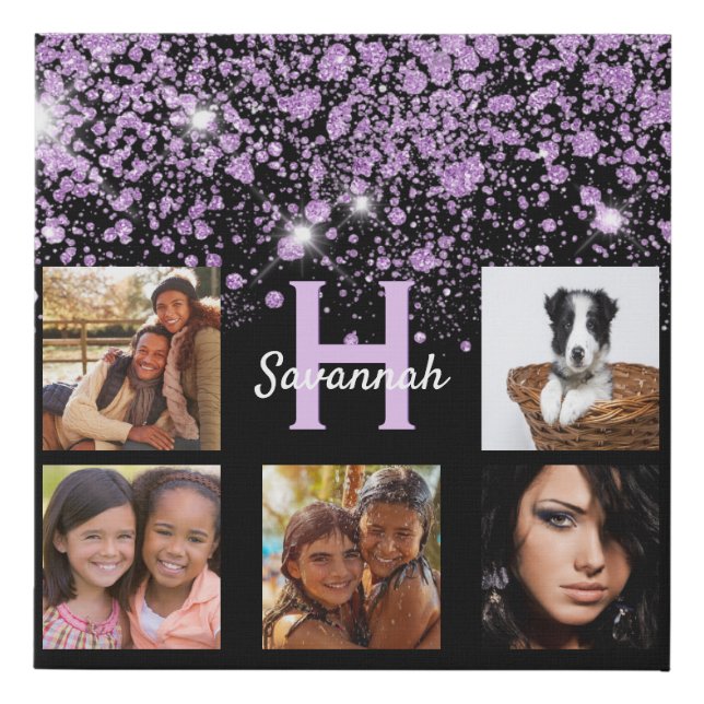 Black purple glitter photo collage faux canvas print (Front)