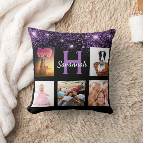 Black purple glitter photo collage monogram name throw pillow