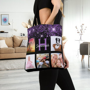 Black purple glitter photo collage monogram name tote bag