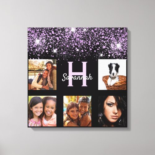 Black purple glitter photo collage name unique canvas print