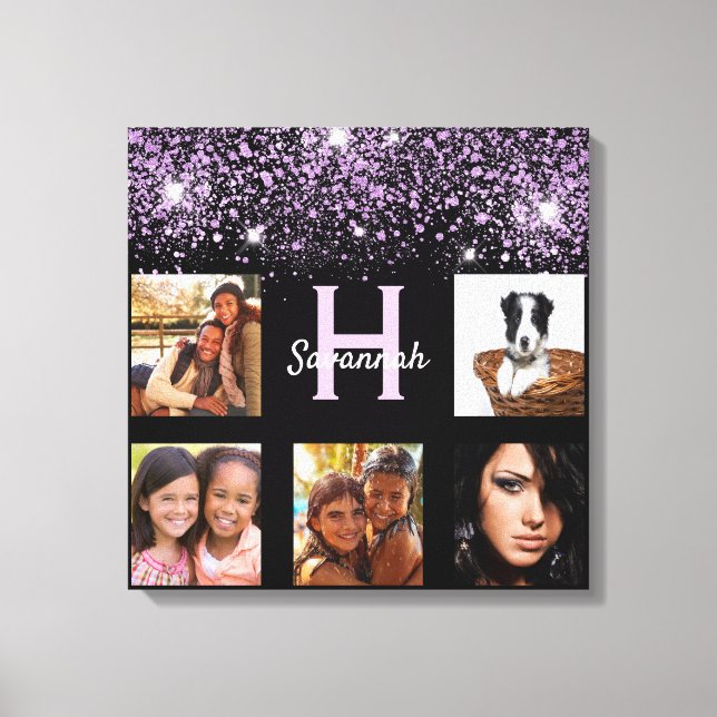 Black purple glitter photo collage name unique canvas print (Front)