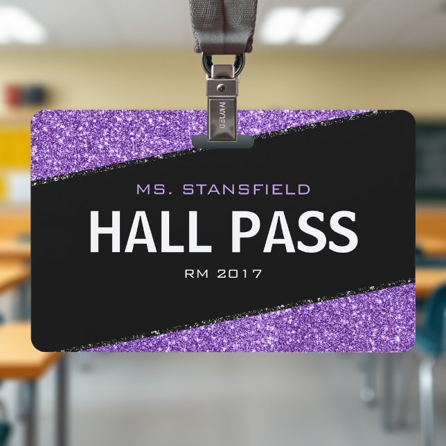 Black & Purple Glitter School Teacher Hall Pass Badge (Black & Purple Glitter School Teacher Hall Pass Badge
)