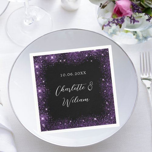 Black purple glitter script wedding napkins