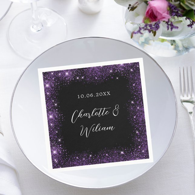 Black purple glitter script wedding napkins (Creator Uploaded)