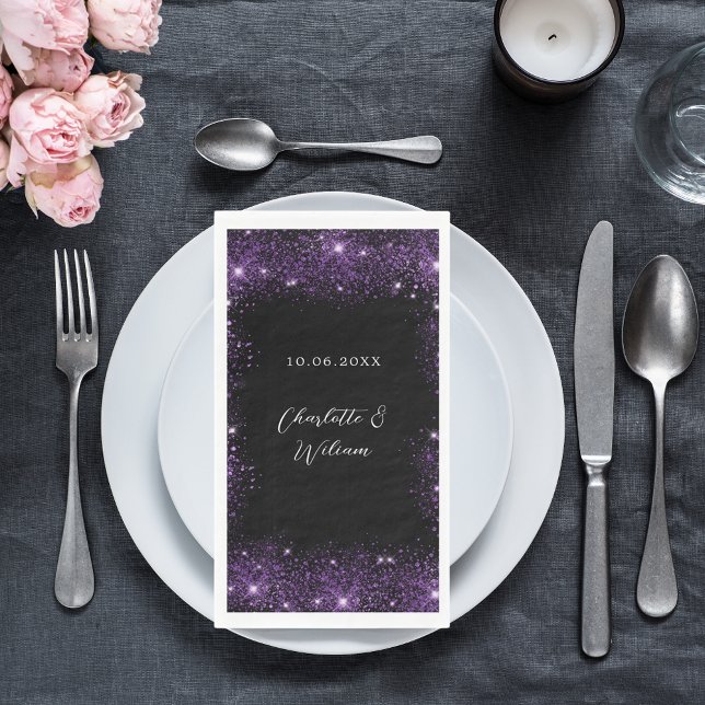 Black purple glitter script wedding paper guest towels (Creator Uploaded)