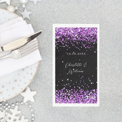 Black purple glitter script wedding paper guest towels