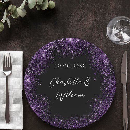 Black purple glitter script wedding paper plates