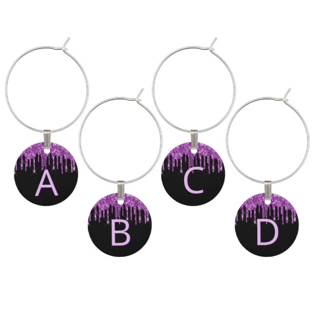 Black purple glitter sparkle monogram birthday wine charm (Staggered)