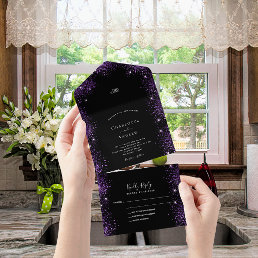 Black purple glitter sparkles elegant wedding all in one invitation