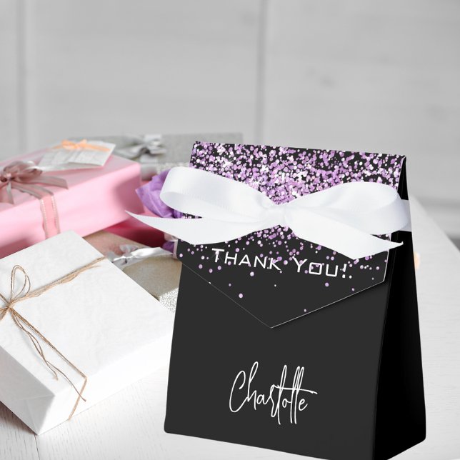 Black purple glitter sparkles name thank you favor boxes (Creator Uploaded)