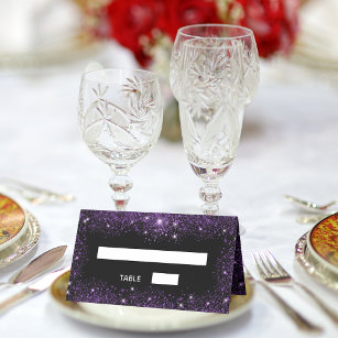 Black purple glitter sparkles wedding place card