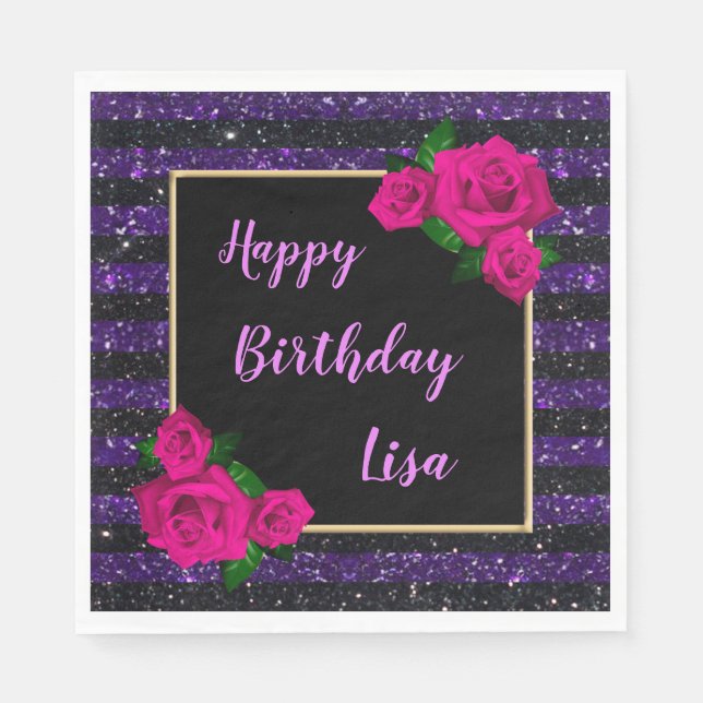 Black Purple Glitter Stripes Pink Roses Birthday Napkins (Front)