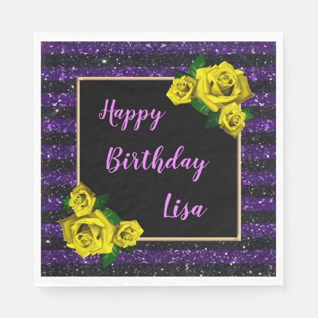 Black Purple Glitter Stripes Yellow Roses Birthday Napkins (Front)