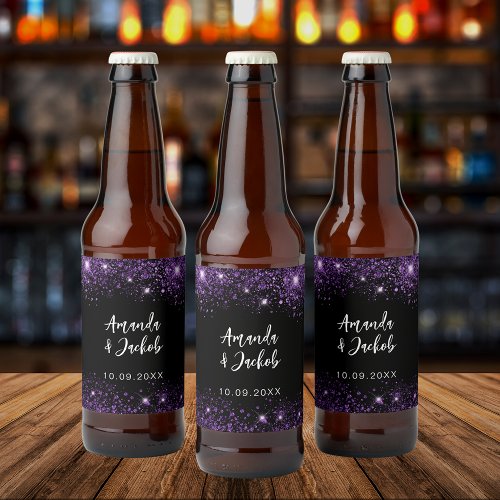 Black purple glitter wedding beer bottle label