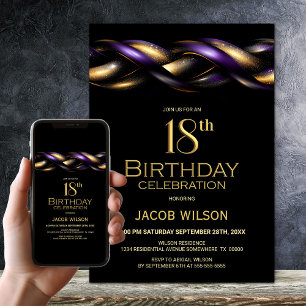 Black Purple Gold 18th Birthday Party Invitation