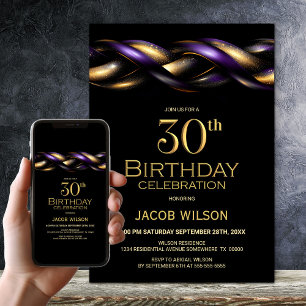 Black Purple Gold 30th Birthday Party Invitation