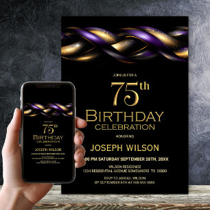 Black Purple Gold 75th Birthday Party Invitation
