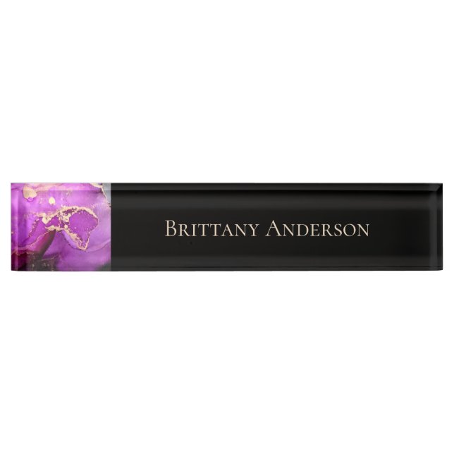 Black Purple Gold Abstract Alcohol Ink Desk Name Plate (Front)