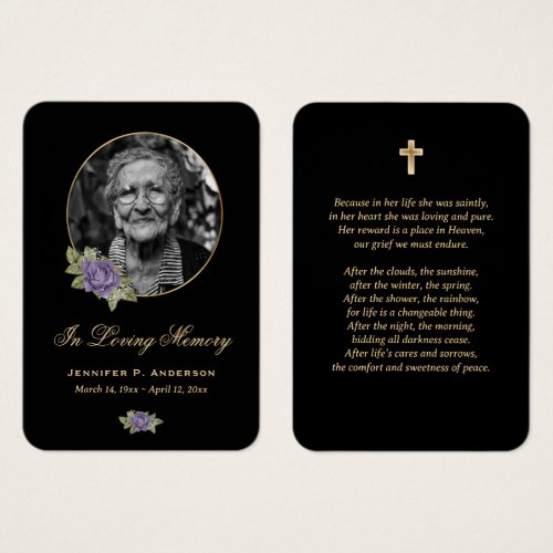 Black Purple Gold Floral Funeral Prayer Card