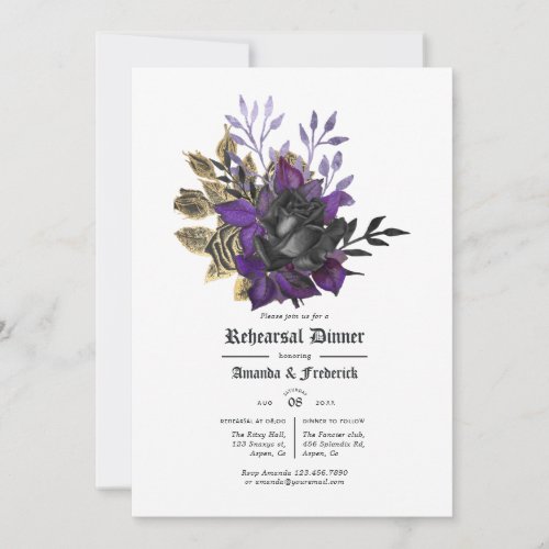 Black Purple Gold Floral Gothic Rehearsal Dinner Invitation