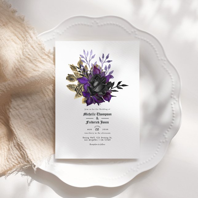 Black Purple Gold Floral Gothic Wedding QR Code Invitation (Black Purple Gold Floral Gothic Wedding QR Code Invitation)