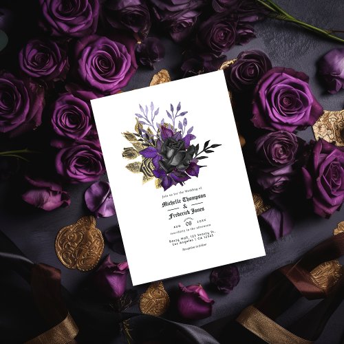 Black Purple Gold Floral Gothic Wedding QR Code Invitation