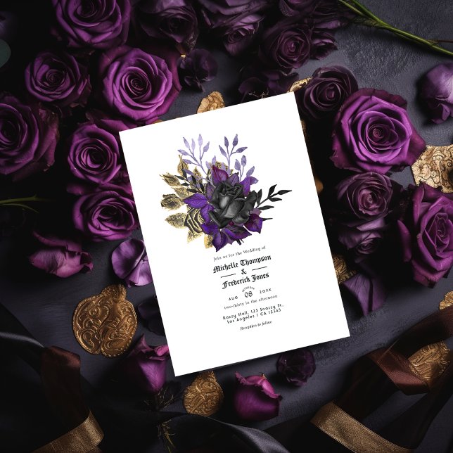 Black Purple Gold Floral Gothic Wedding QR Code Invitation (Creator Uploaded)
