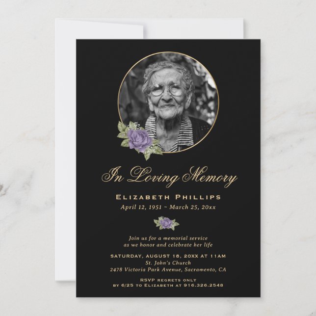 Black Purple Gold Floral Photo Memorial Service Invitation (Front)