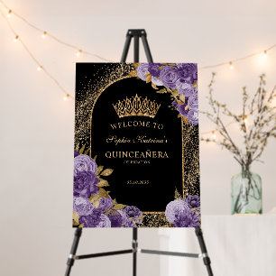 Black Purple Gold Floral Quinceanera Welcome Sign