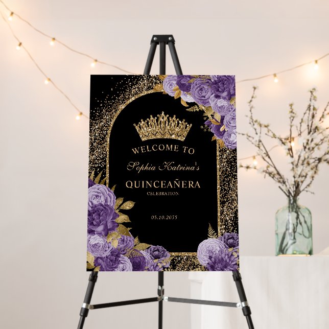 Black Purple Gold Floral Quinceanera Welcome Sign (In Situ (Stand))