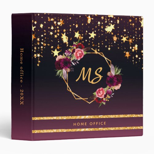 Black Purple gold stars burgundy florals office 3 Ring Binder