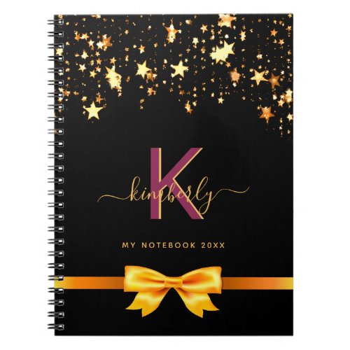 Black purple gold stars monogram elegant modern notebook