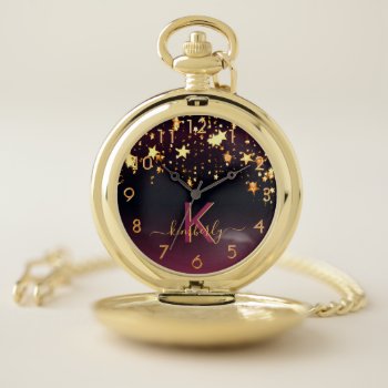 Black Purple Gold Stars Monogram Pocket Watch by Thunes at Zazzle