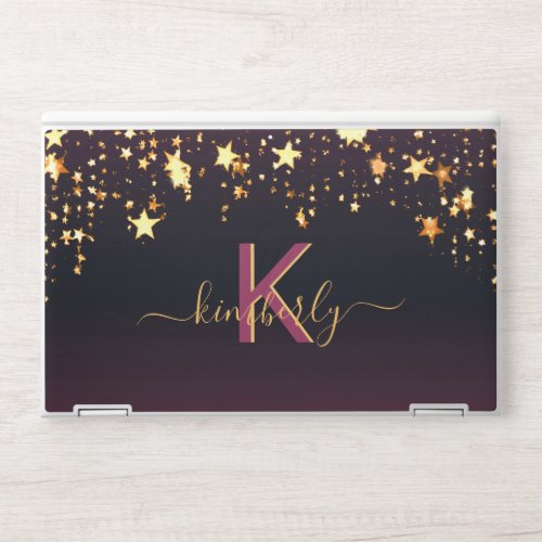 Black purple gold stars monogram typography HP laptop skin