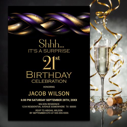 Black Purple Gold Surprise 21st Birthday Party