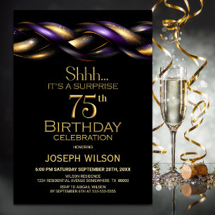 Black Purple Gold Surprise 75th Birthday Party Invitation