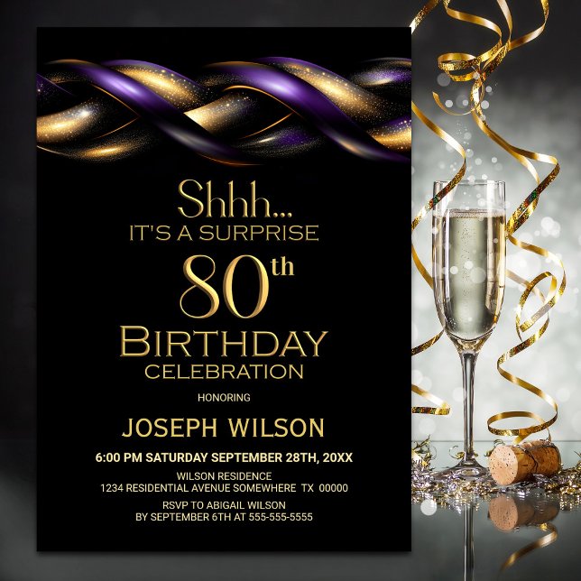 Black Purple Gold Surprise 80th Birthday Party Invitation (Creator Uploaded)