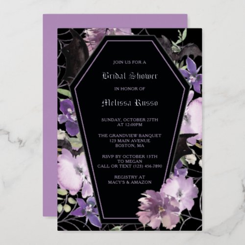 Black Purple Gothic Floral Coffin Bridal Shower Foil Invitation