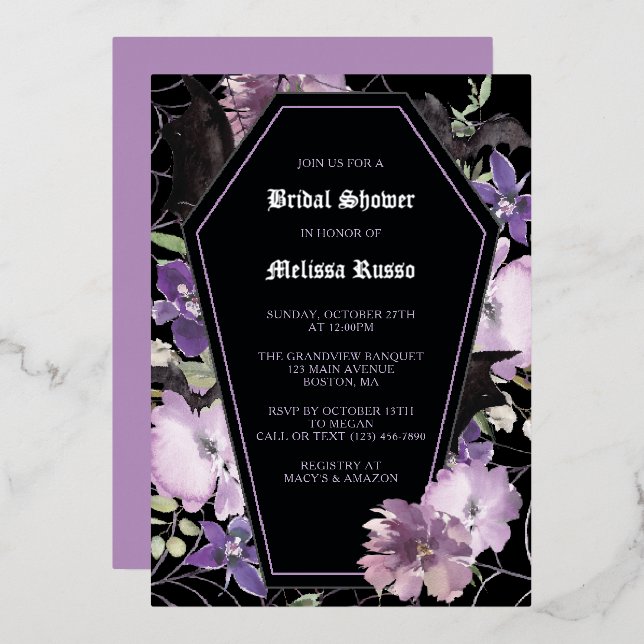 Black Purple Gothic Floral Coffin Bridal Shower Foil Invitation (Front/Back)