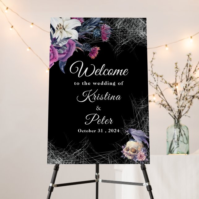 Black Purple Gothic Floral Skull Wedding Sign (In Situ (Stand))