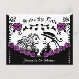 Black & Purple Gothic Skeletons Roses Save Date Announcement Postcard