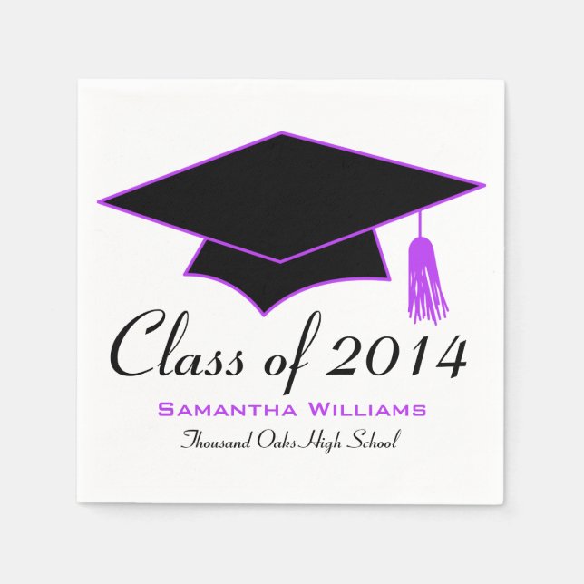 Black & Purple Grad Hat Graduation Napkins (Front)