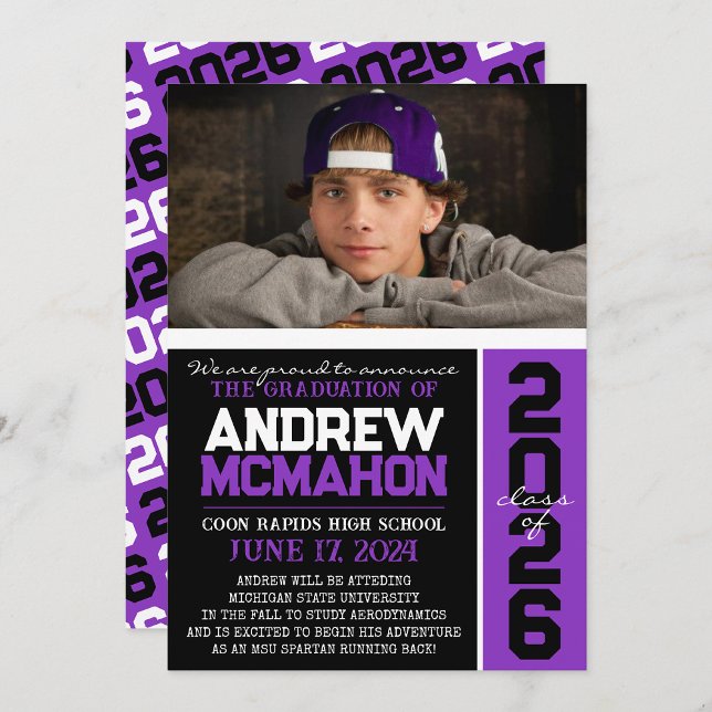 Black & Purple Graduation Photo Announcement ( Repeating Class Year 1 & 2 Photo Graduation Invitations & Announcements)