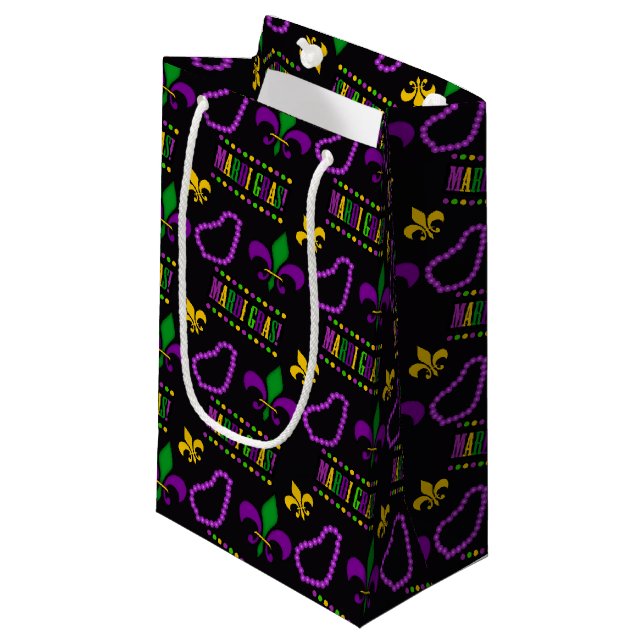 BLACK PURPLE GREEN GOLD MARDI GRAS BEADS SMALL GIFT BAG (Front Angled)