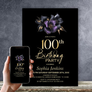Black Purple Grey Floral 100th Birthday Party Invitation