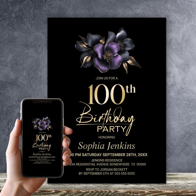 Black Purple Grey Floral 100th Birthday Party Invitation (Creator Uploaded)