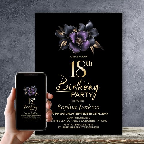 Black Purple Grey Floral 18th Birthday Party