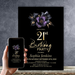 Black Purple Grey Floral 21st Birthday Party Invitation